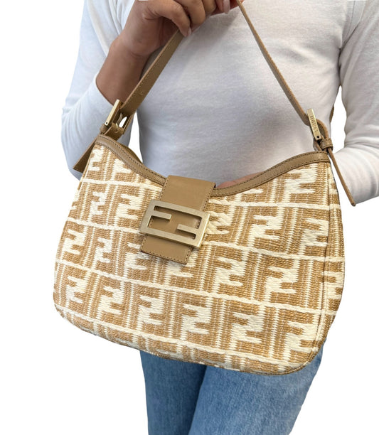 FENDI Vintage FF Logo Zucca Raffia Hobo Shoulder Bag Beige White Leather