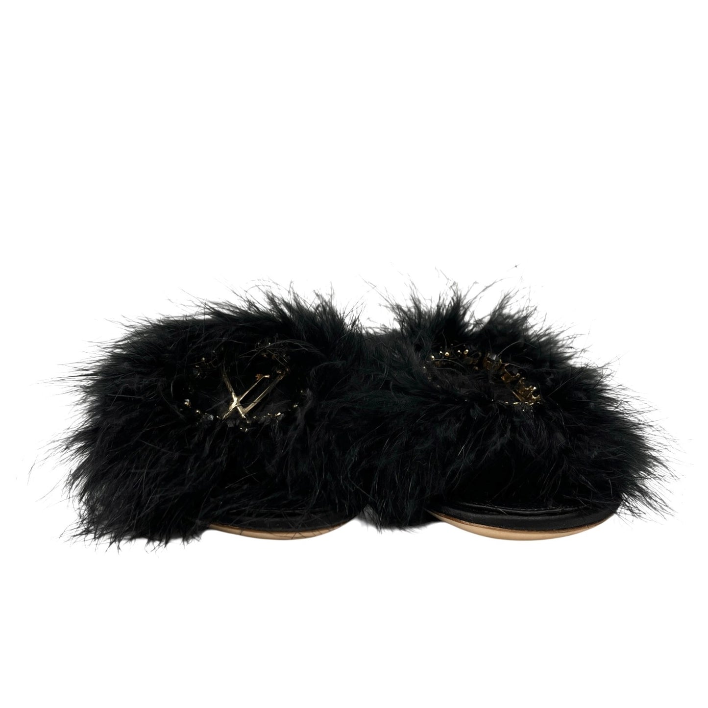 LOUIS VUITTON LV Bijou Logo Fur Flat Sandals #36 Rhinestone Black Gold Satin