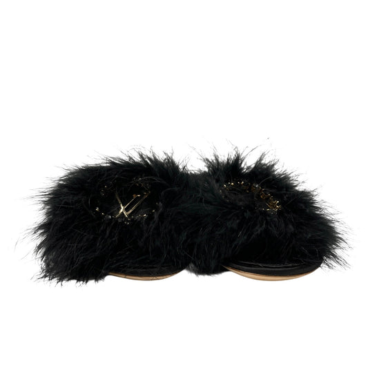 LOUIS VUITTON LV Bijou Logo Fur Flat Sandals #36 Rhinestone Black Gold Satin