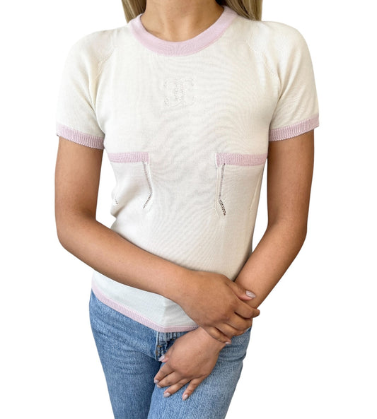 CHANEL Vintage 04C CC Logo Knit Top T-shirt #38 Pocket Cream Pink Cashmere