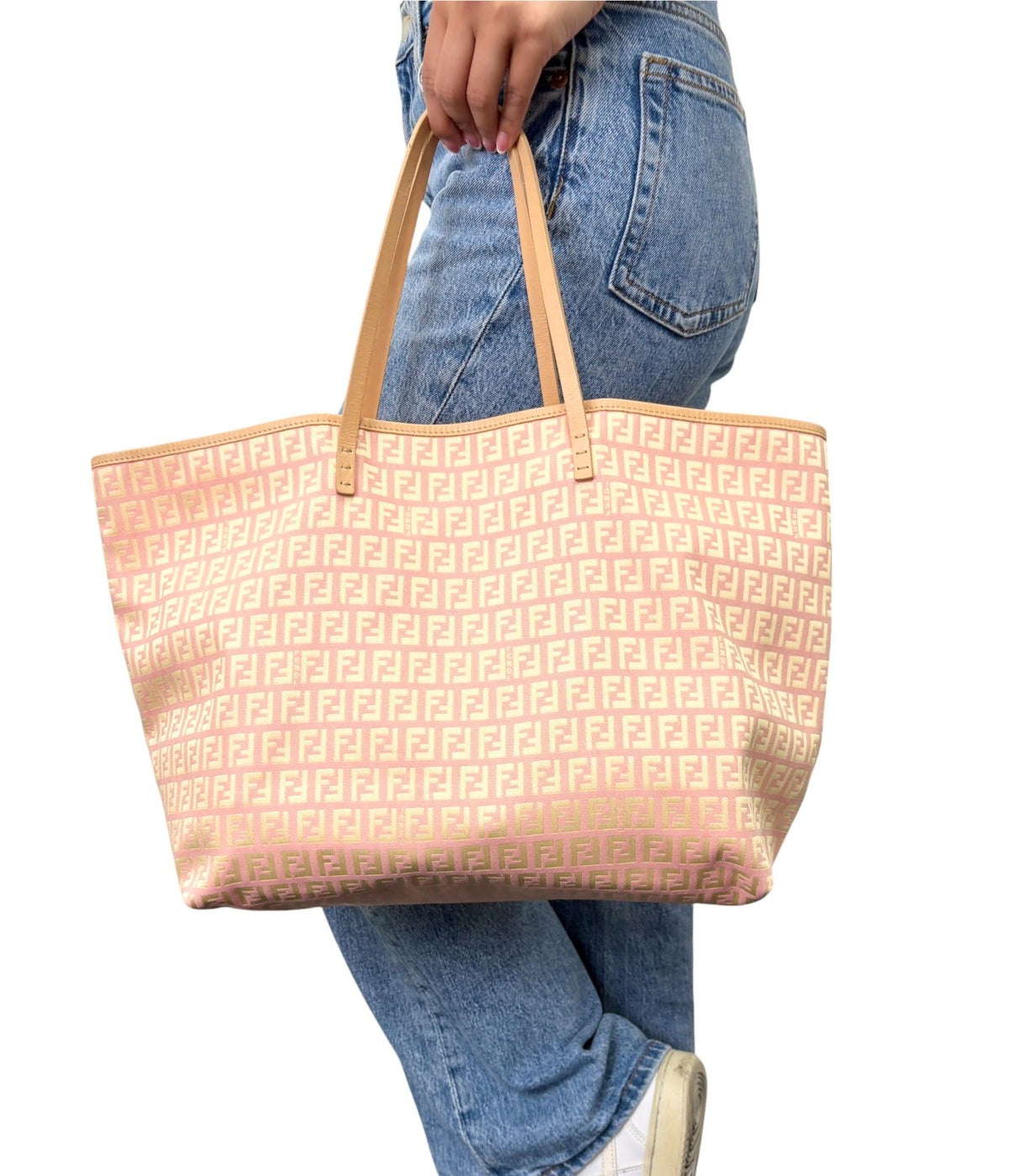 FENDI Vintage Zucchino Tote Shoulder Bag w/Pouch Pink Beige Canvas 902360