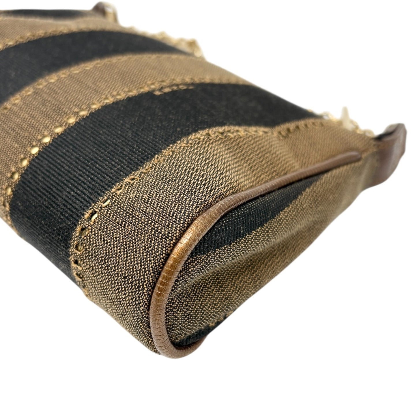 FENDI Vintage Logo Striped Canvas Shoulder Crossbody Bag Brown Black 2way Chain