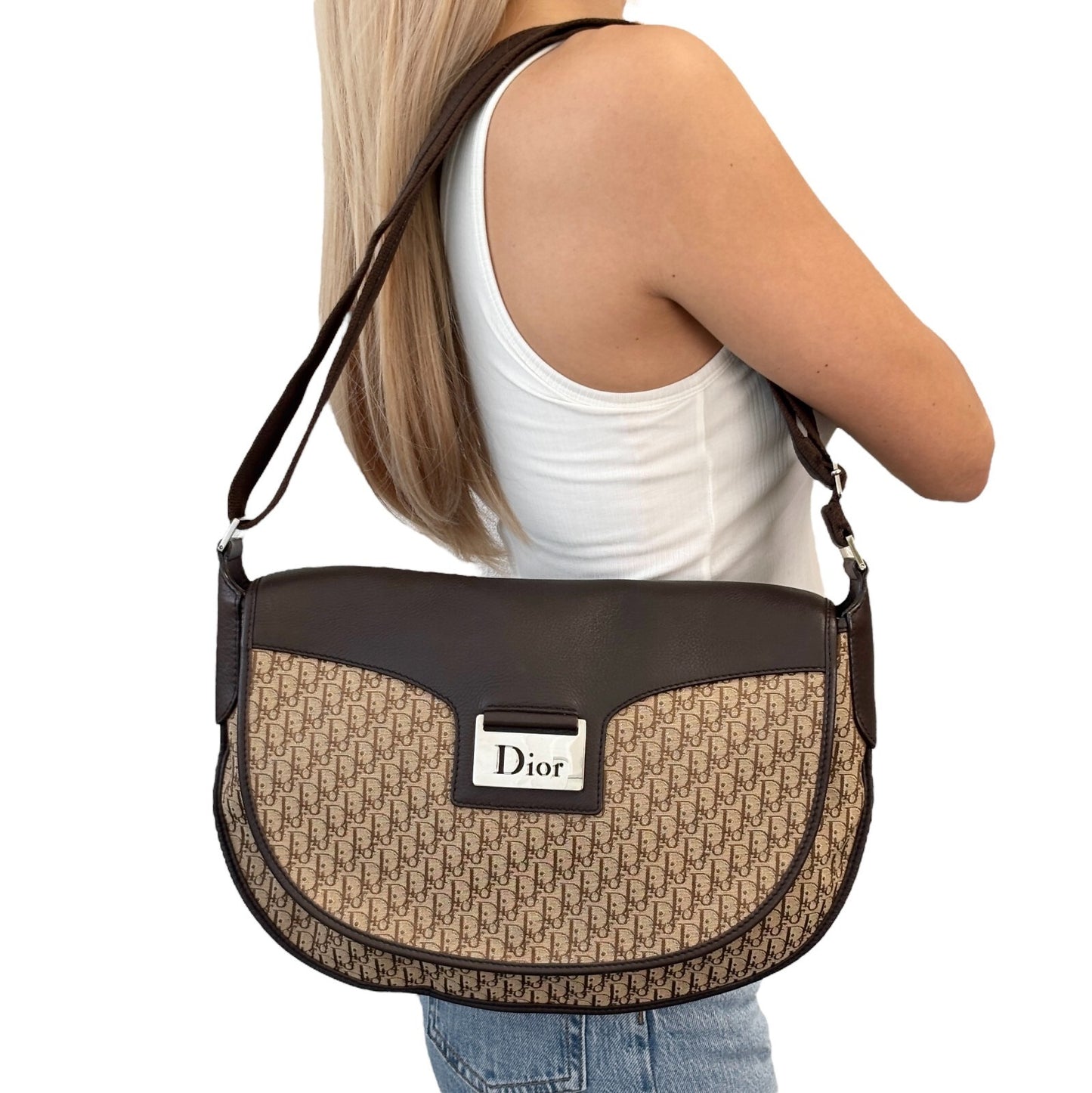 Christian Dior Vintage Trotter Monogram Crossbody Shoulder Bag Beige Canvas