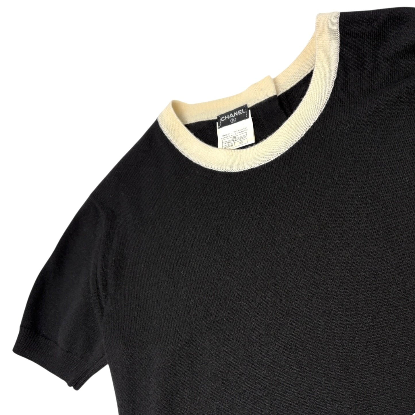 CHANEL Vintage 96A CC Logo Button Knit Top T-shirt #40 Black White Cashmere
