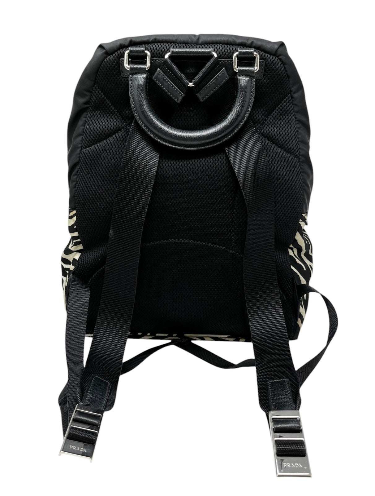 PRADA Vintage Logo Zebra Backpack Zip Mesh Black White Nylon Leather
