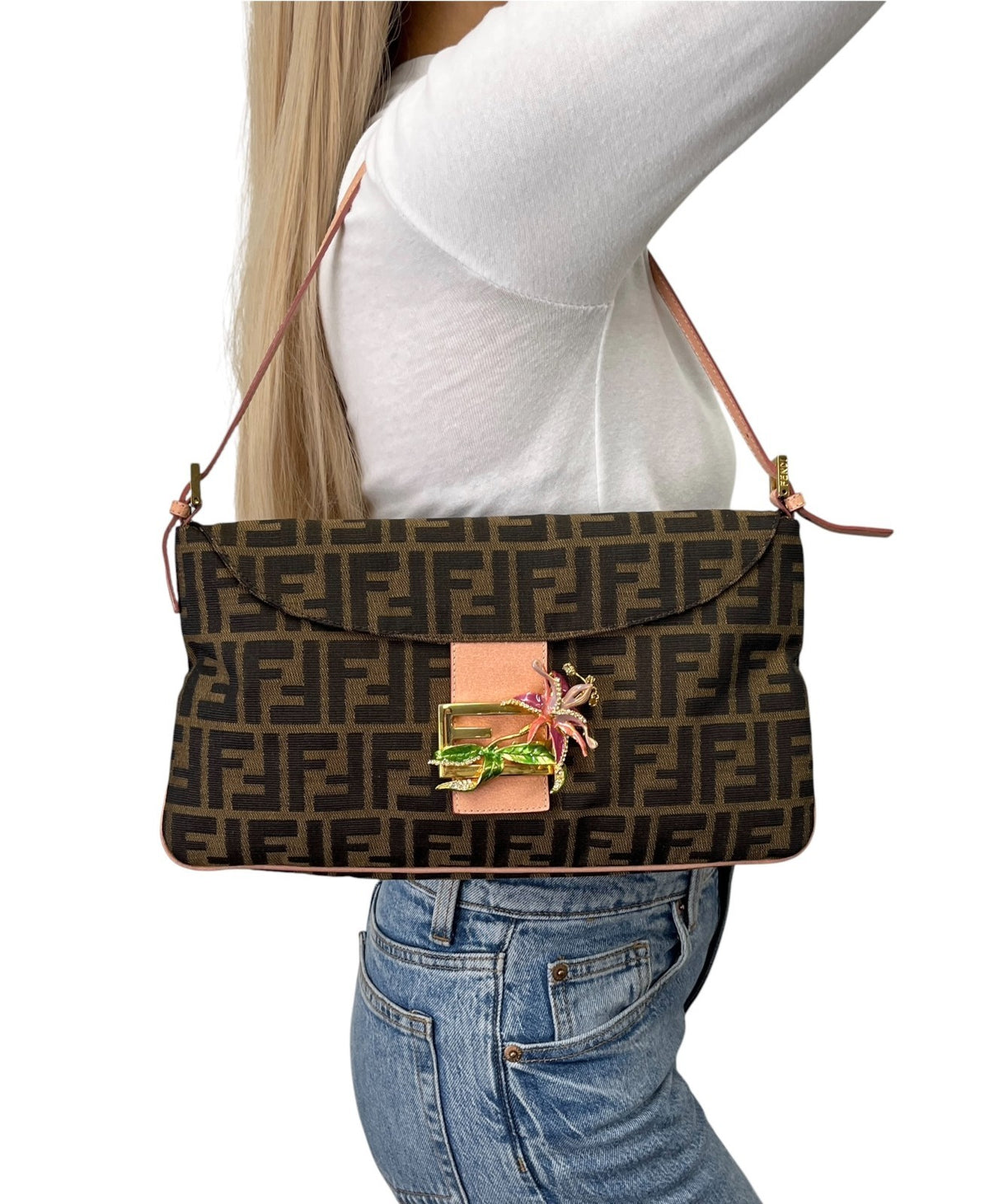 FENDI Vintage FF Mamma Baguette Flower Shoulder Bag Brown Salmon Pink 902468