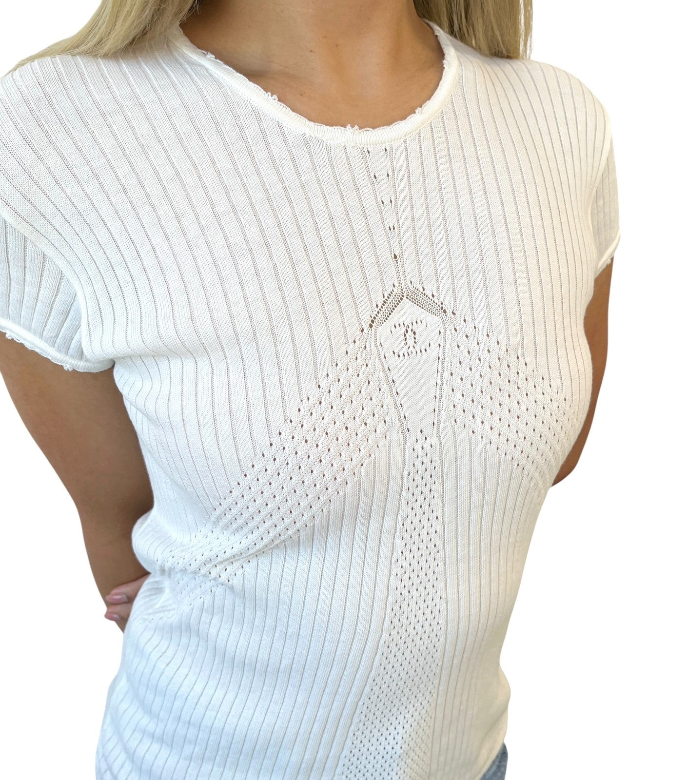 CHANEL Vintage 04P CC Mark Logo Knit T-shirt Top Rib Short Sleeve White Cotton