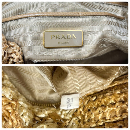 PRADA Vintage Triangle Logo Raffia Canapa Tote Bag Beige Cream Crochet 902066