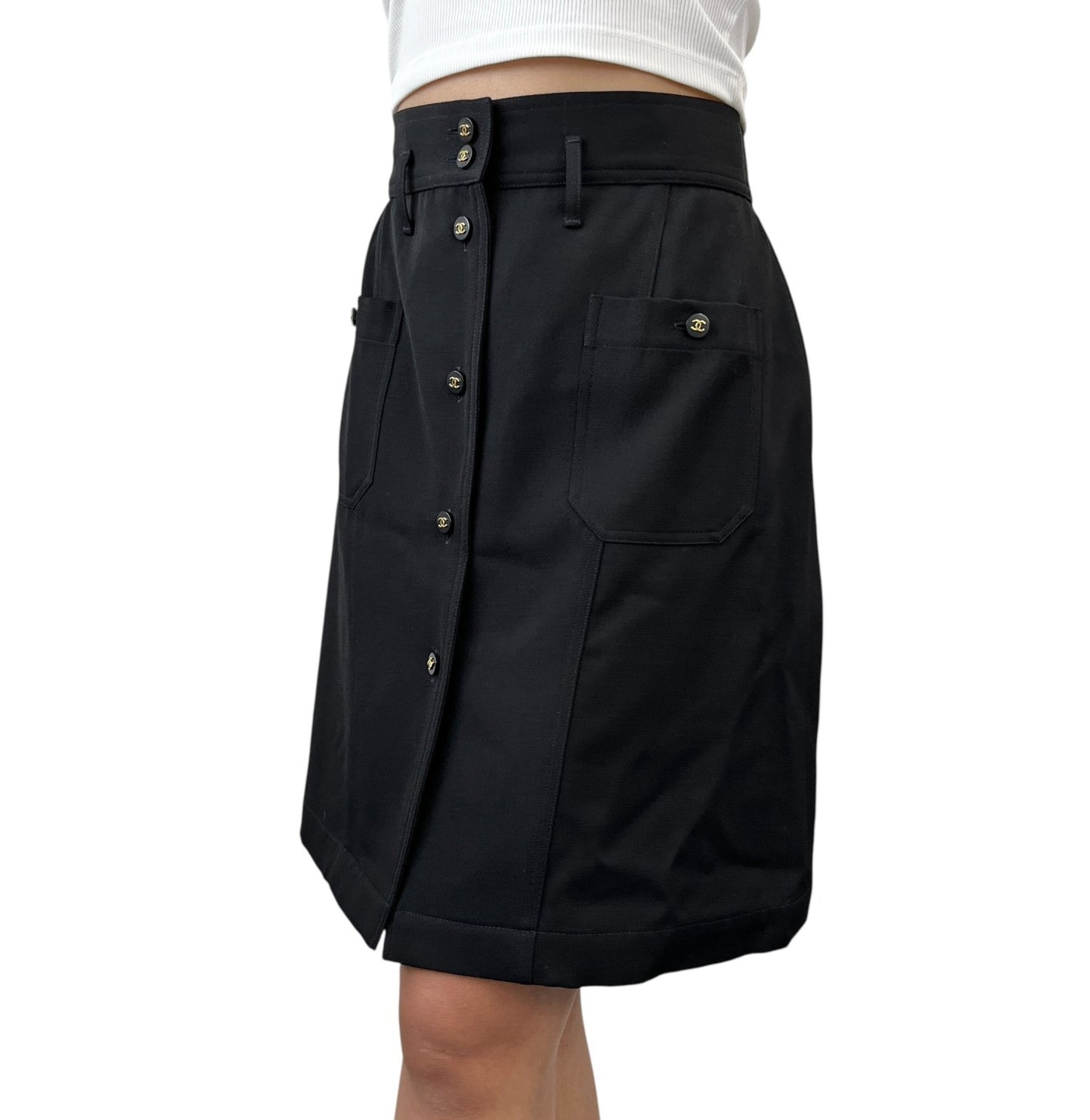 CHANEL Vintage CC Logo Button Knee Length Skirt #34 Black Gold Bottoms 902596