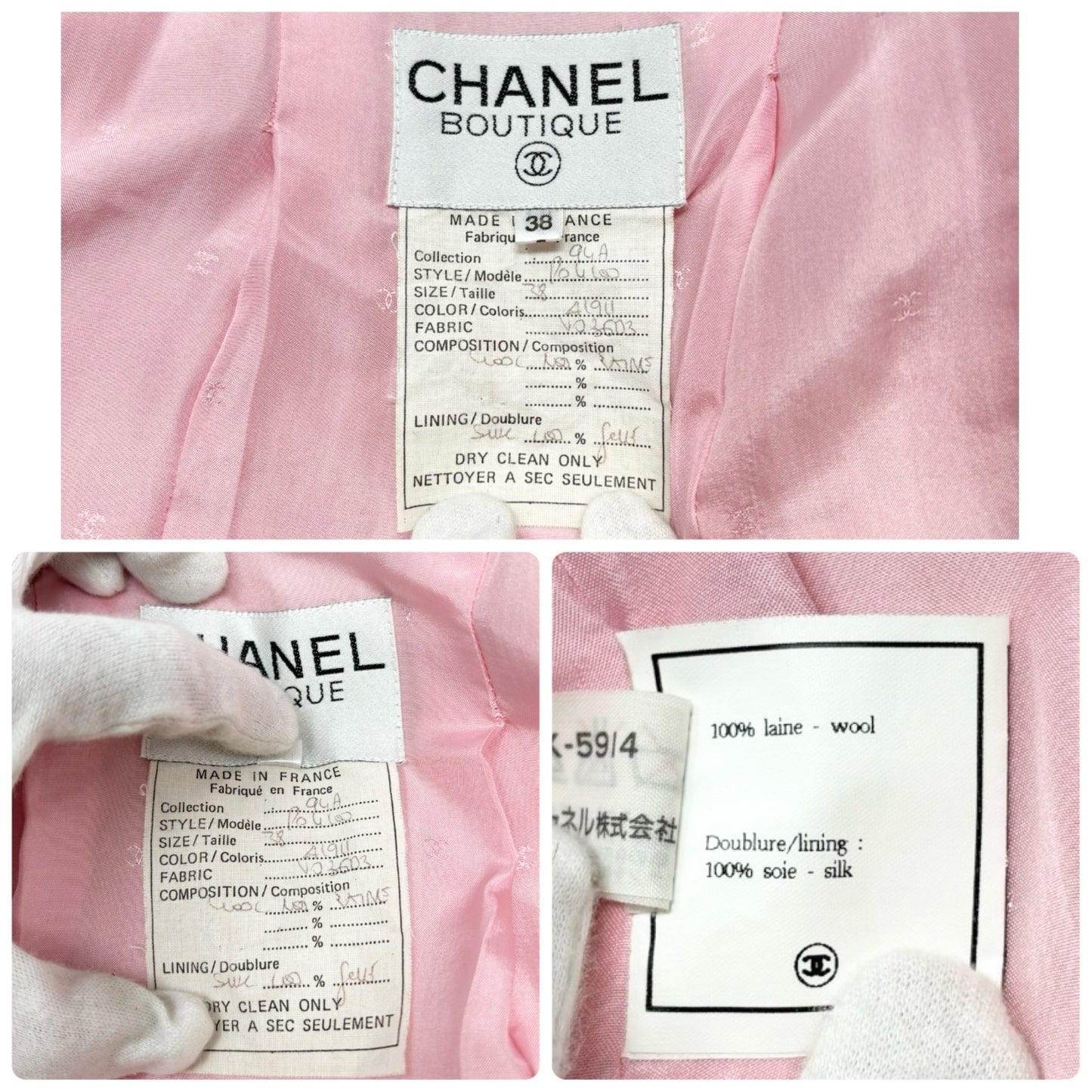 CHANEL Vintage 94A CC Logo Button Tweed Jacket Skirt Set #38 Wool Pink Fringe