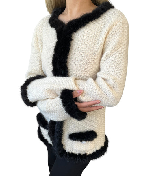 CHANEL Vintage 03A CC Logo Fur Trim Knit Cardigan #42 Cream Brown Mohair 901978