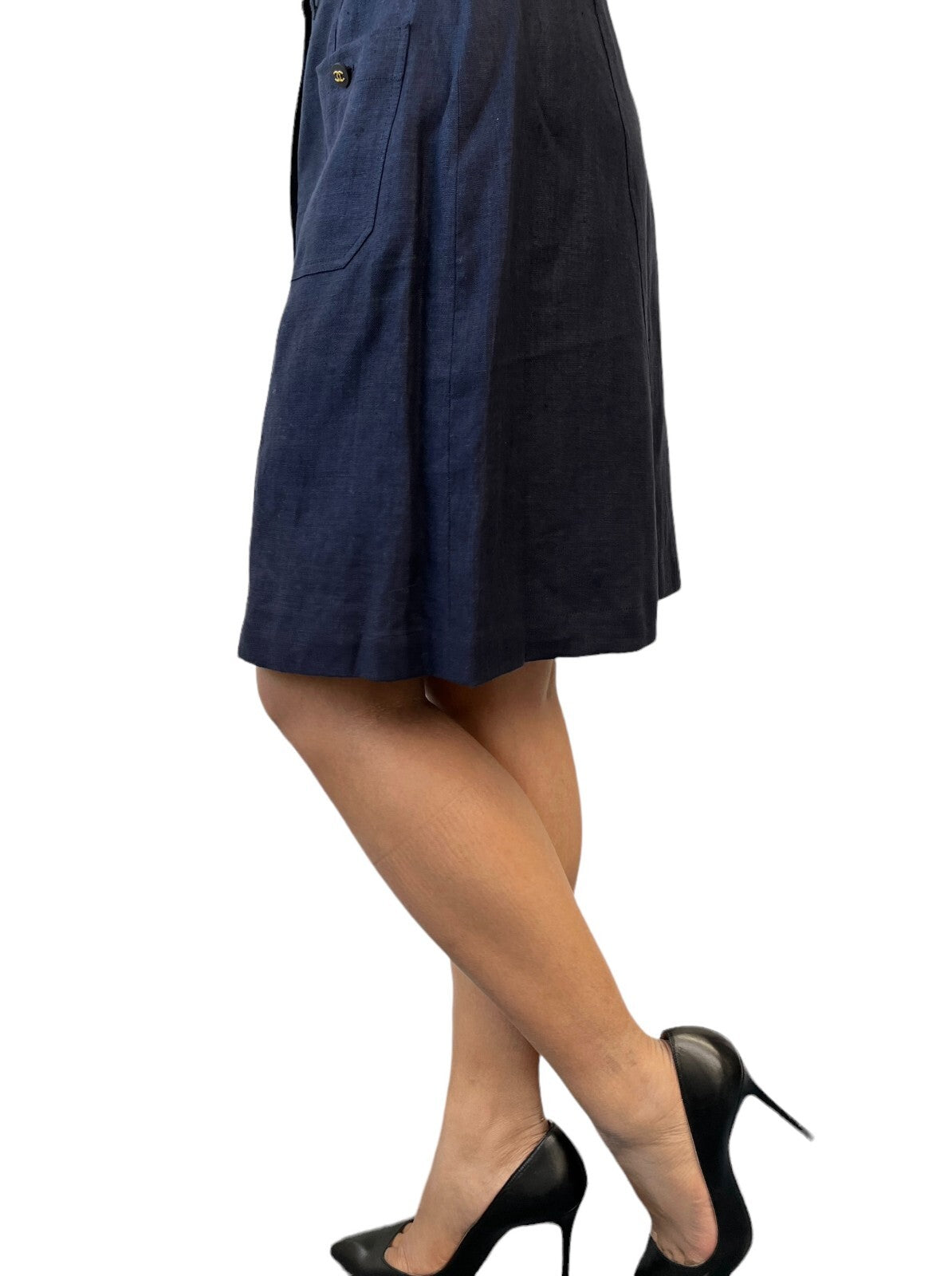 CHANEL Vintage CC Mark Button Linen Jacket Skirt Set #40 Dark Blue Rank AB+
