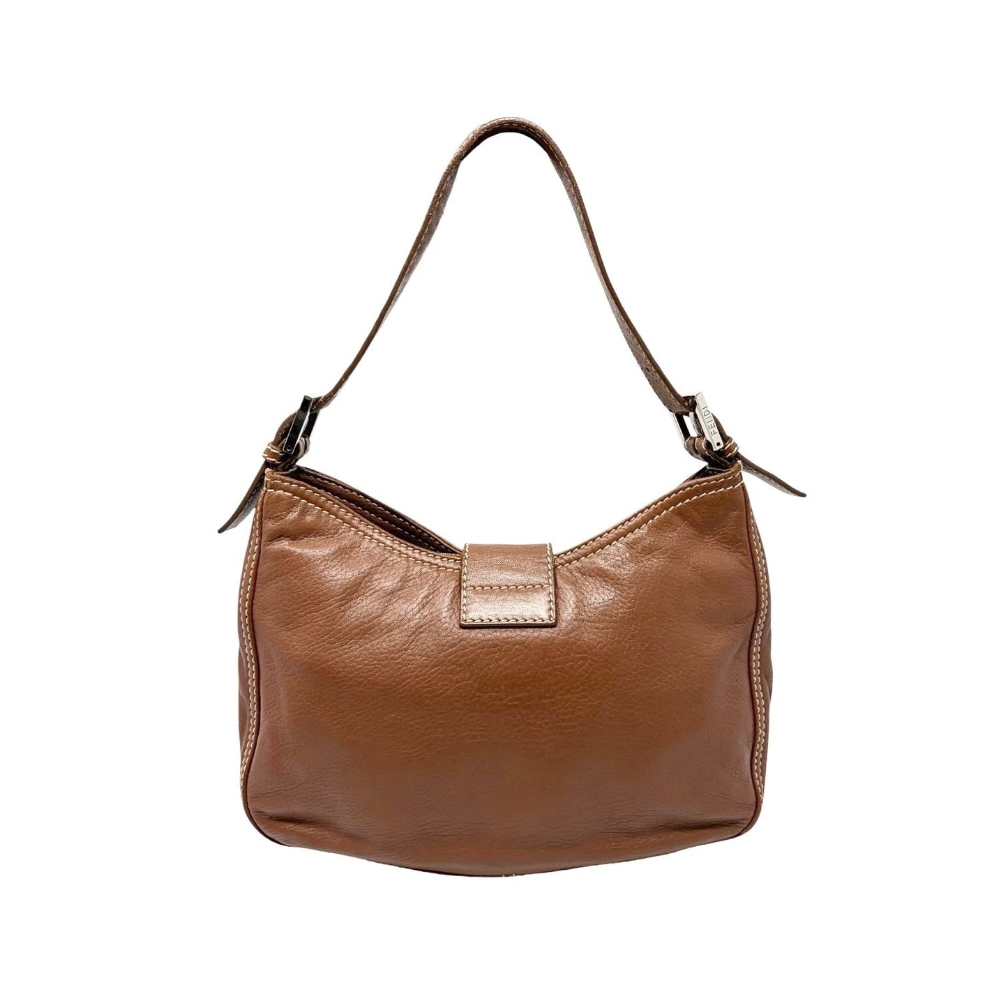 FENDI Vintage FF Logo Mamma Baguette Shoulder Bag Brown Silver Leather 902448