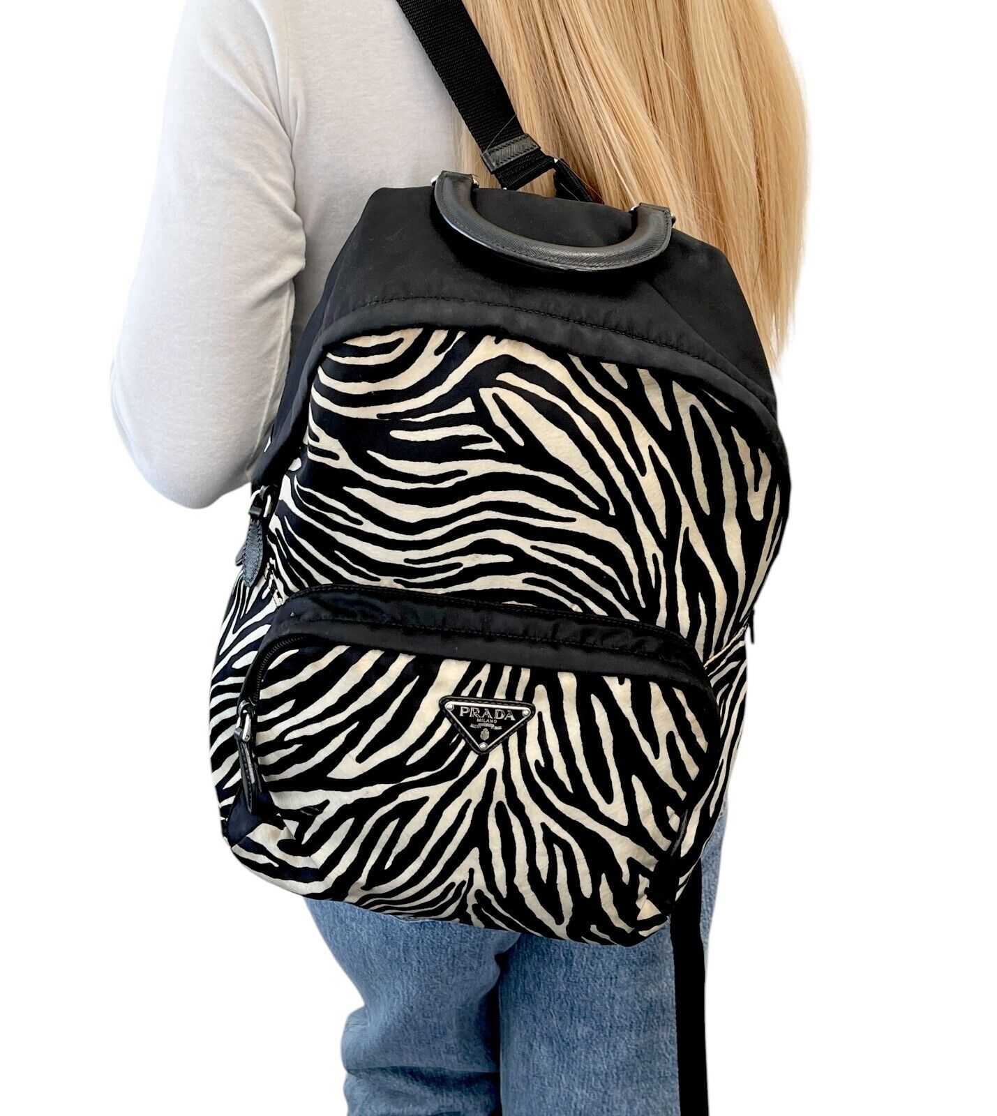 PRADA Vintage Logo Zebra Backpack Zip Mesh Black White Nylon Leather