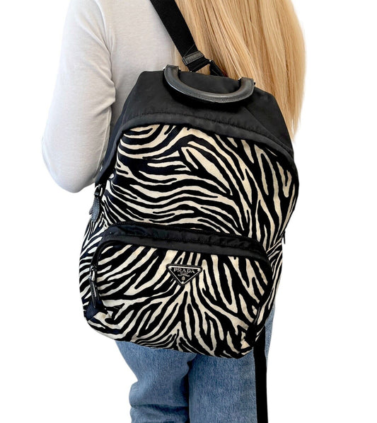 PRADA Vintage Logo Zebra Backpack Zip Mesh Black White Nylon Leather