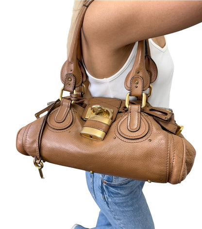 Chloe Vintage Paddington Padlock Key Boston Bag Leather Brown Gold 902319