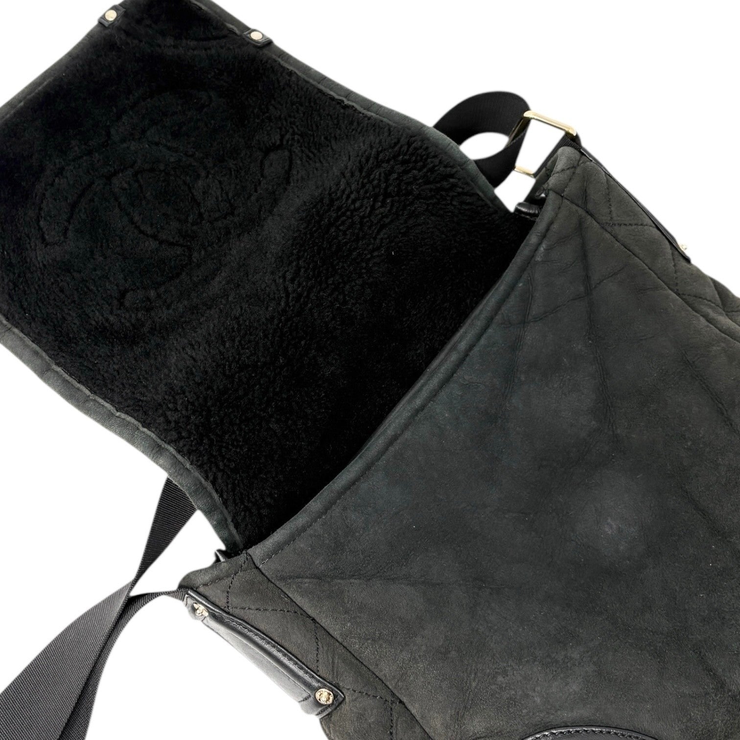 CHANEL Vintage 2006 CC Logo Shearling Messenger Crossbody Bag Black Mouton