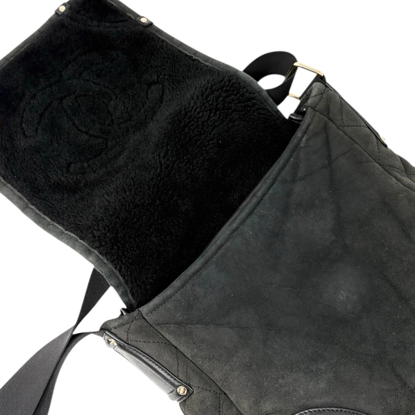 CHANEL Vintage 2006 CC Logo Shearling Messenger Crossbody Bag Black Mouton