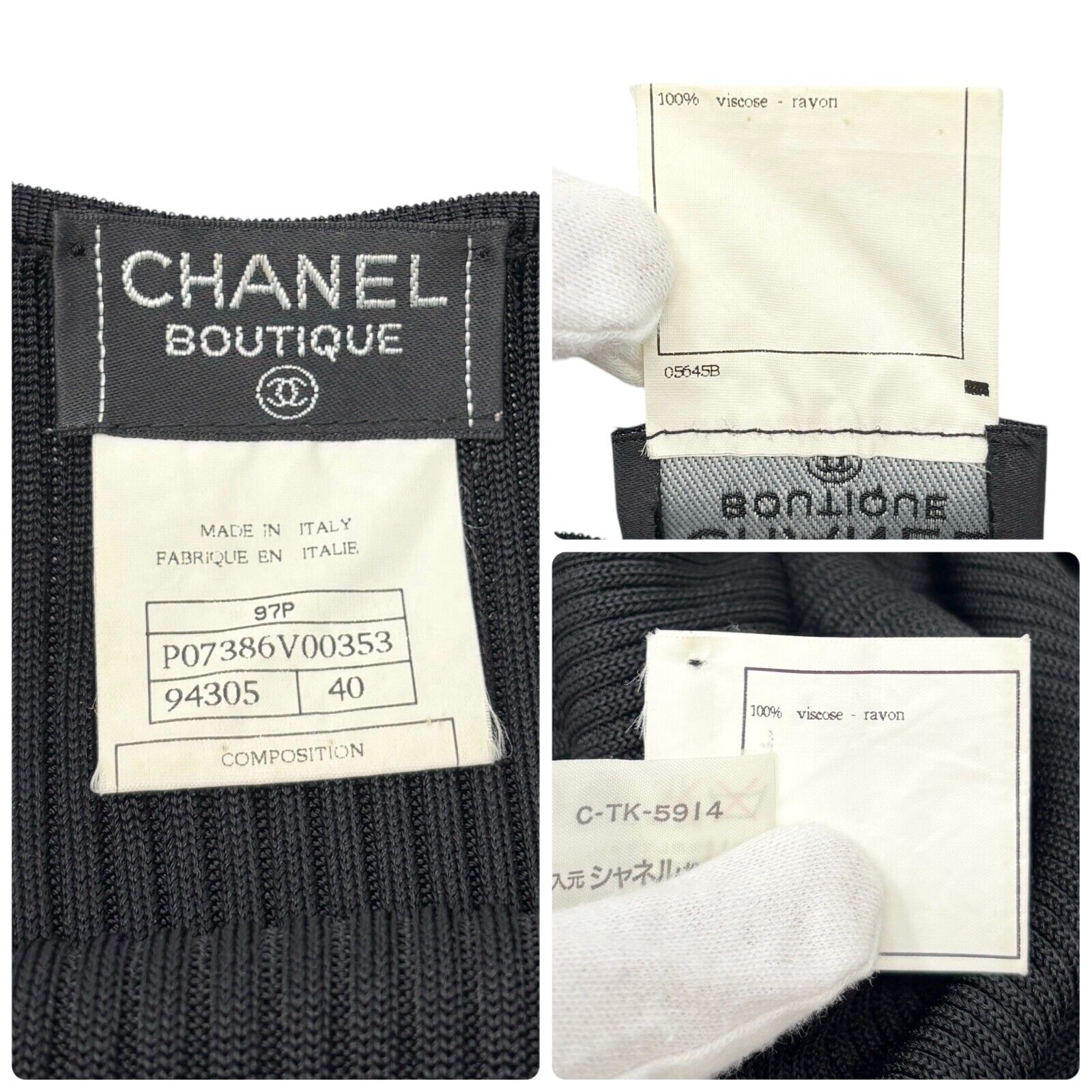 CHANEL Vintage 97P CC Logo Ribbed Long Dress #40 Sleeveless Black Rayon Button