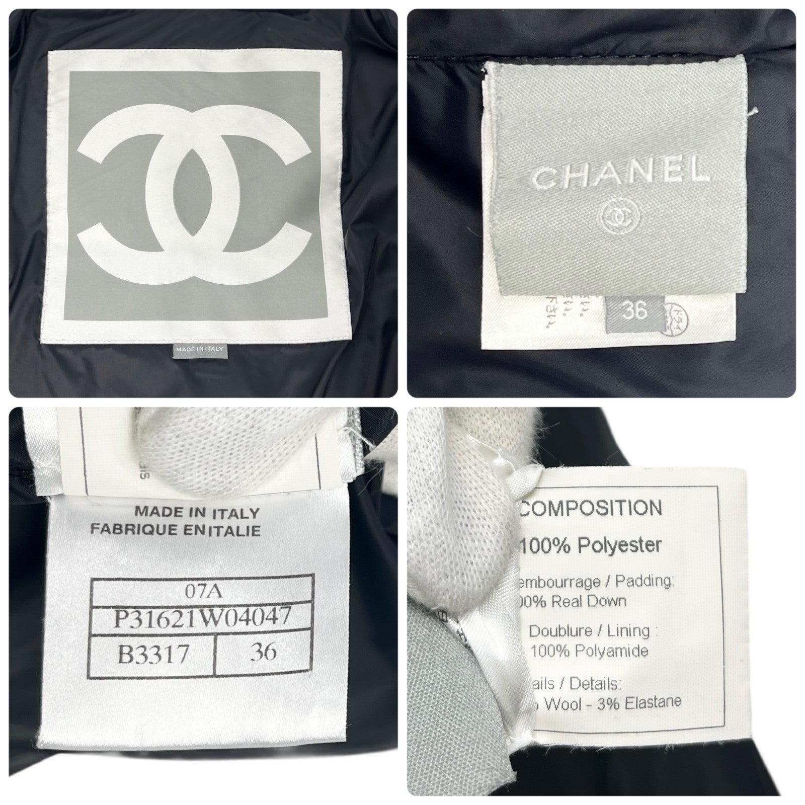 CHANEL Sport Vintage 07A CC Logo Puffer Jacket #36 Zip White Black Polyester