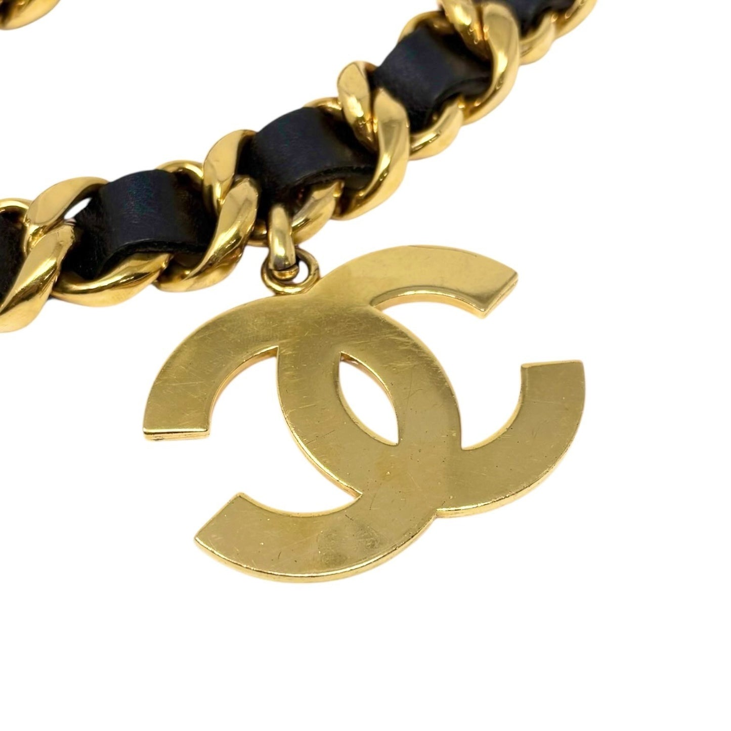 CHANEL Vintage 93A Jumbo CC Logo Metal Gold Chain Belt Leather Accessory Iconic