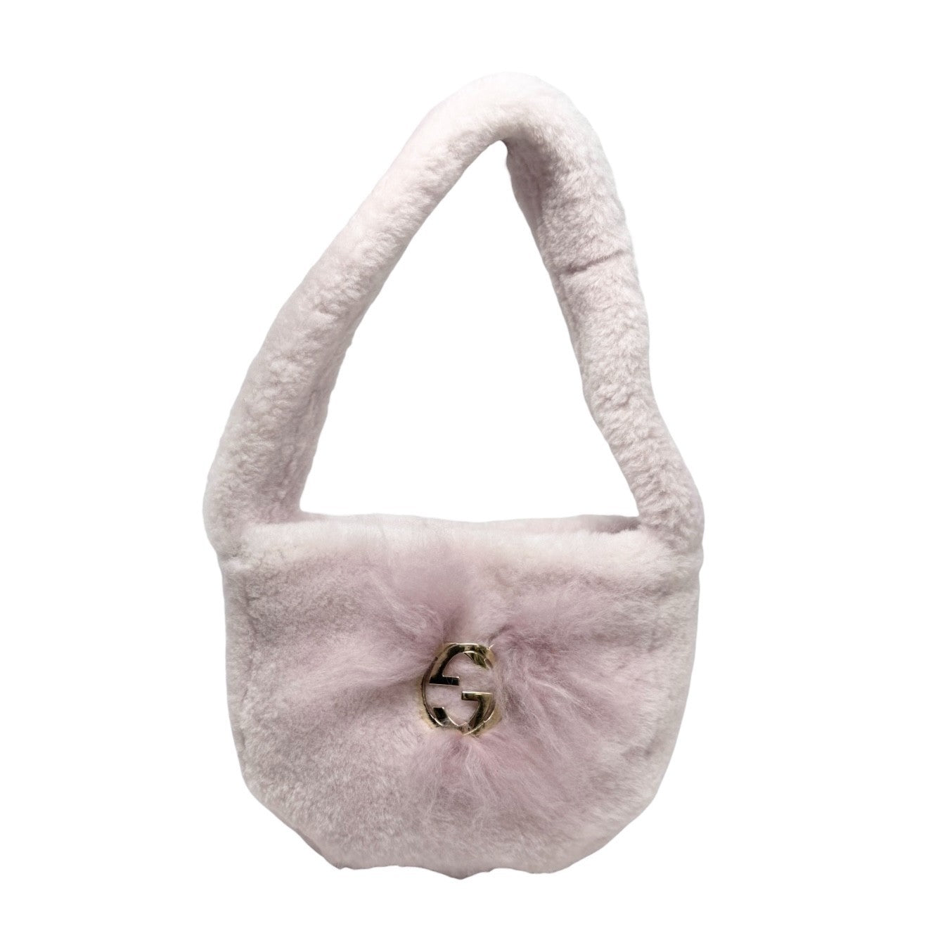 GUCCI Vintage GG Logo Fur Shoulder Bag Handbag Pochette Light Pink Gold