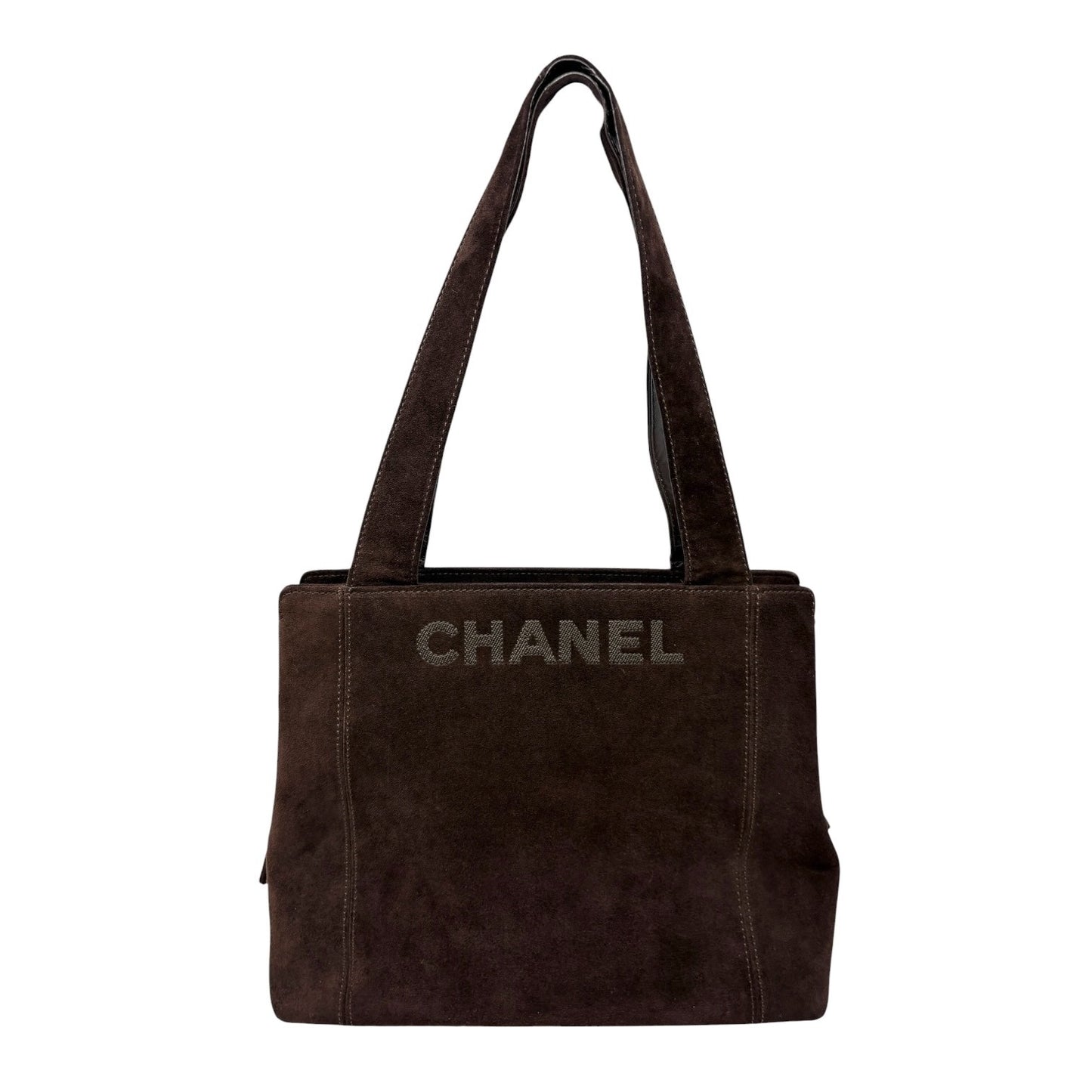 CHANEL Vintage Stitch CC Logo Suede Tote Shoulder Bag Brown Zip 902303