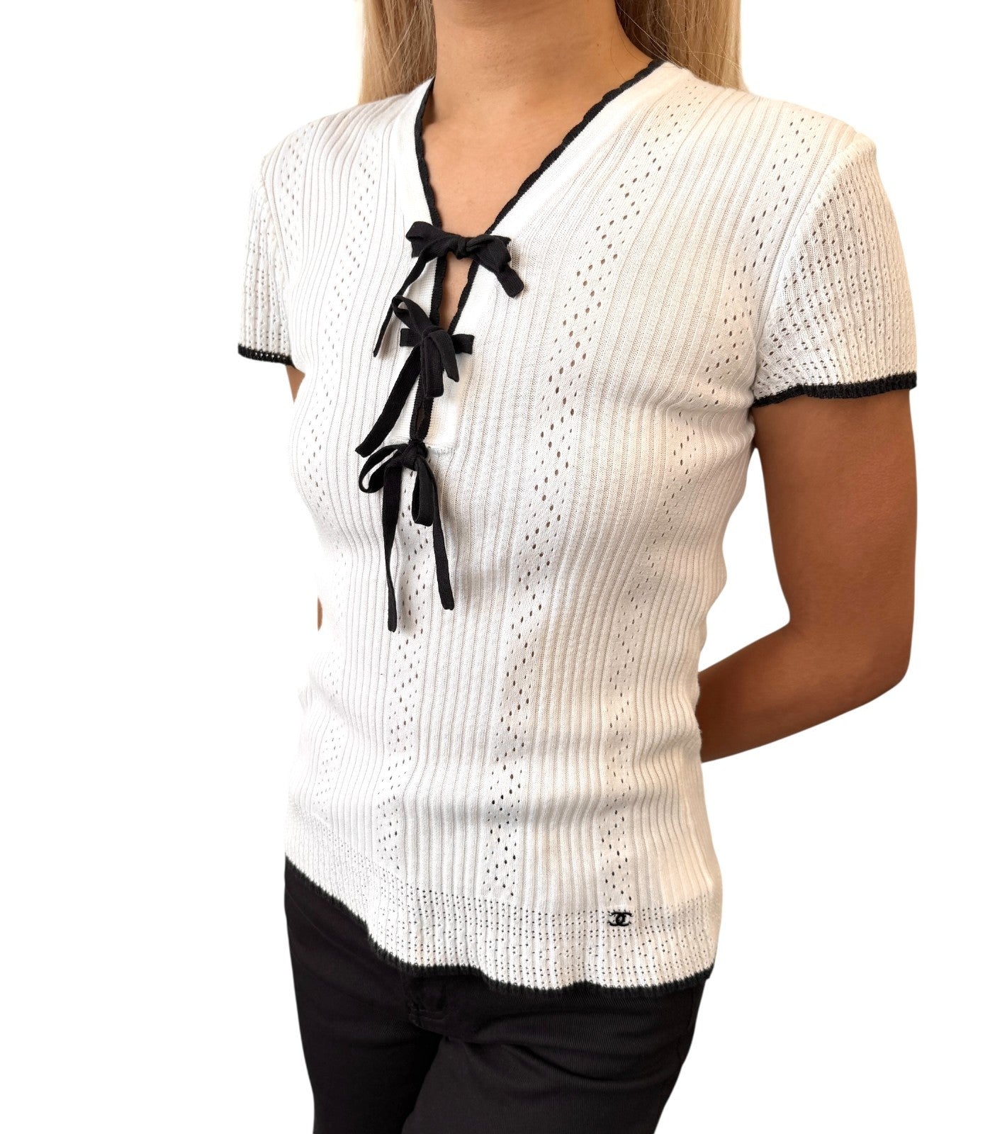 CHANEL Vintage 05C CC Logo Ribbed Knit Ribbon T-shirts Top #38 White Black
