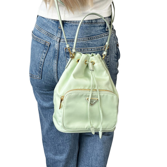 PRADA Vintage Triangle Logo Nylon Drawstring Bag 2way Mint Green Gold Handbag