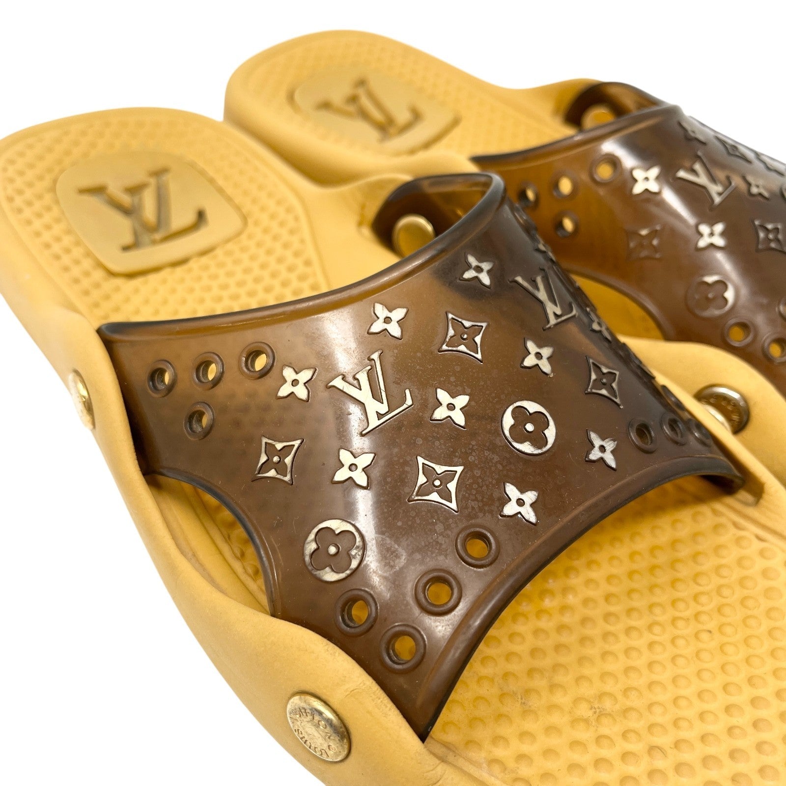 LOUIS VUITTON Vintage LV Monogram Logo Slide Sandals #36-37 Brown Beige Rubber