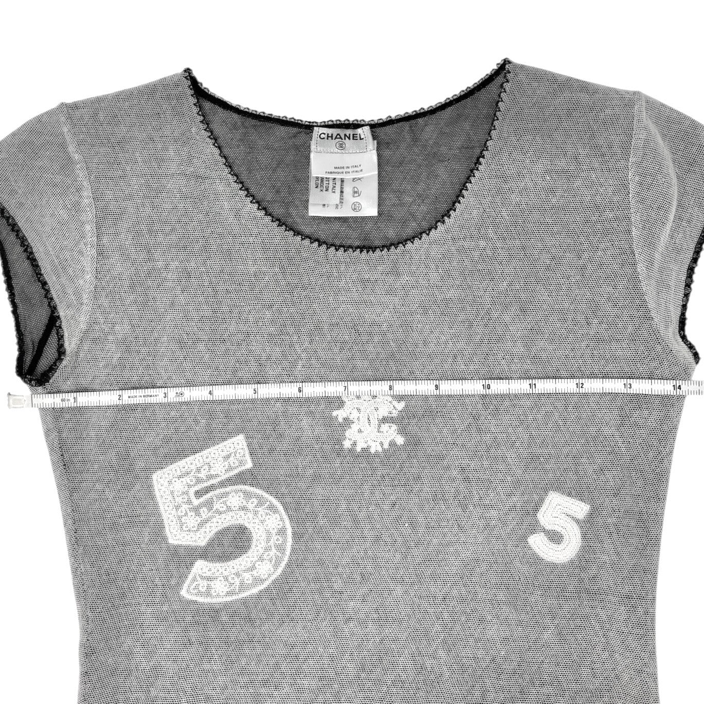 CHANEL Vintage 04P CC Logo Mesh Top #34 Cotton Spandex White Black Short Sleeve