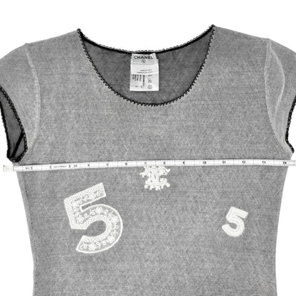 CHANEL Vintage 04P CC Logo Mesh Top #34 Cotton Spandex White Black Short Sleeve