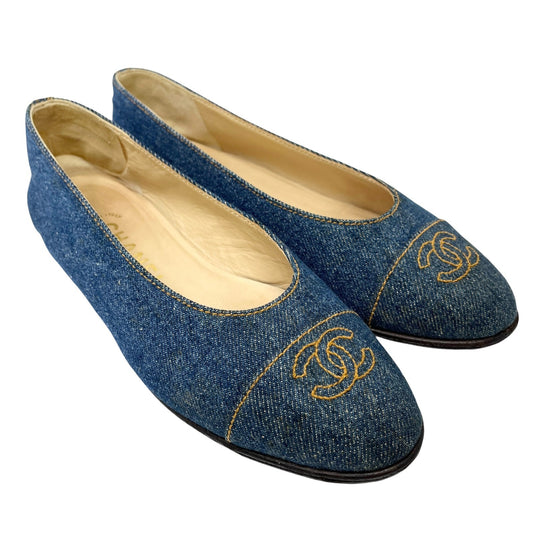 CHANEL Vintage 97P CC Mark Logo Denim Flat Shoes #36 Stitch Blue Beige Cotton