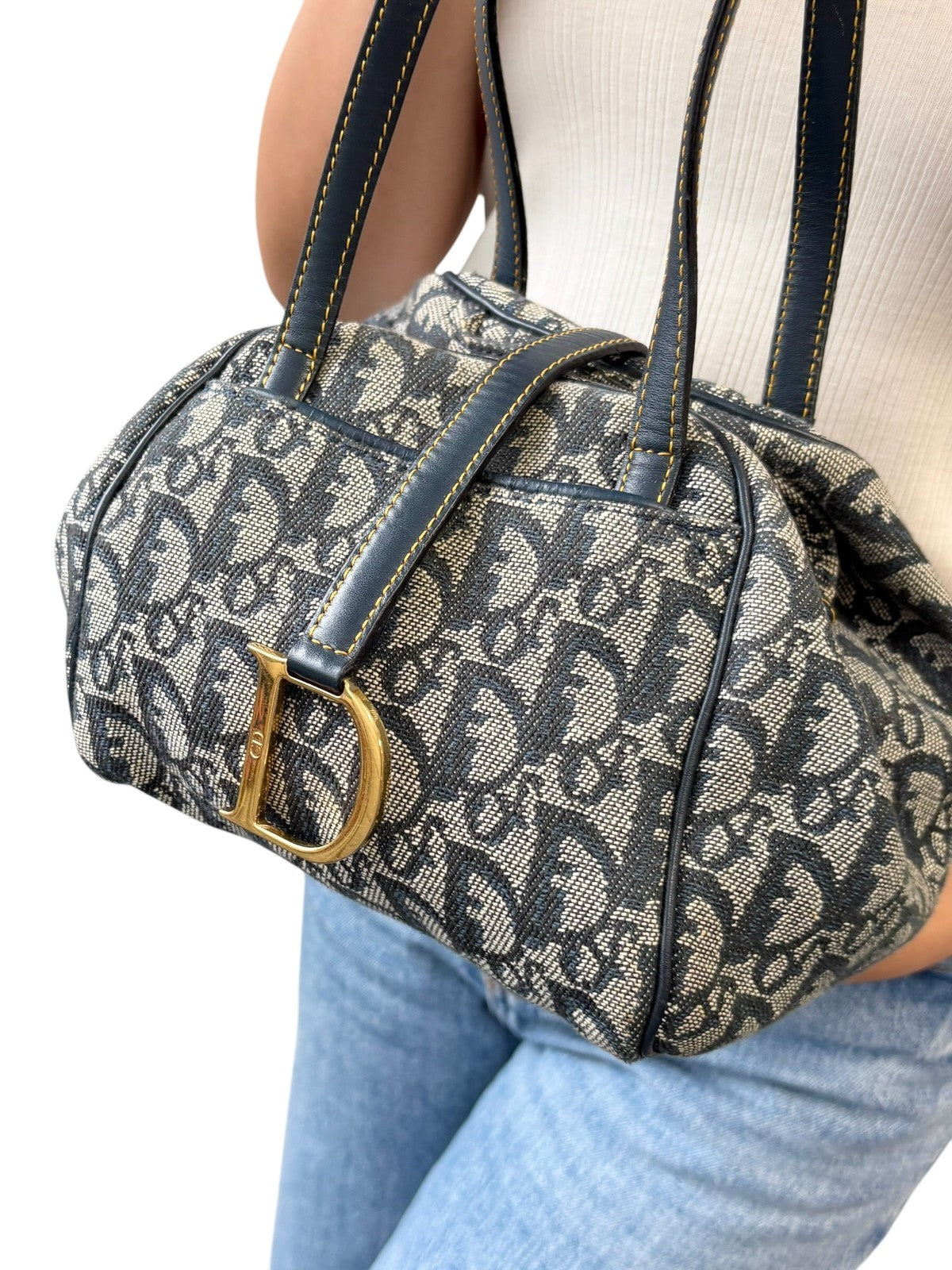 Christian Dior Vintage 2001 Trotter Monogram Mini D Charm Bag Handbag Blue 90128
