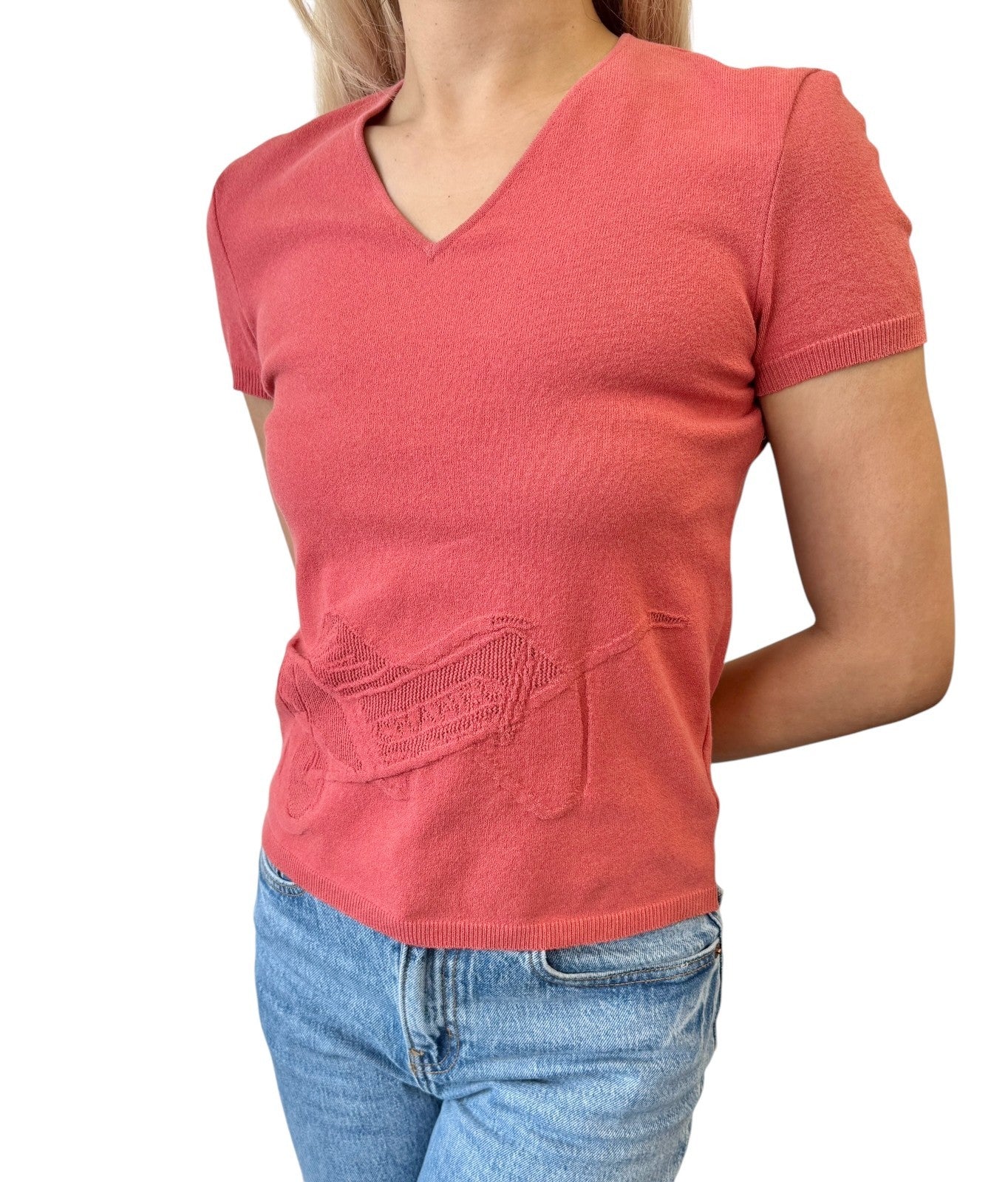 CHANEL Vintage 04P Logo Knit T-shirt Top #38 Pink Cotton Polyester