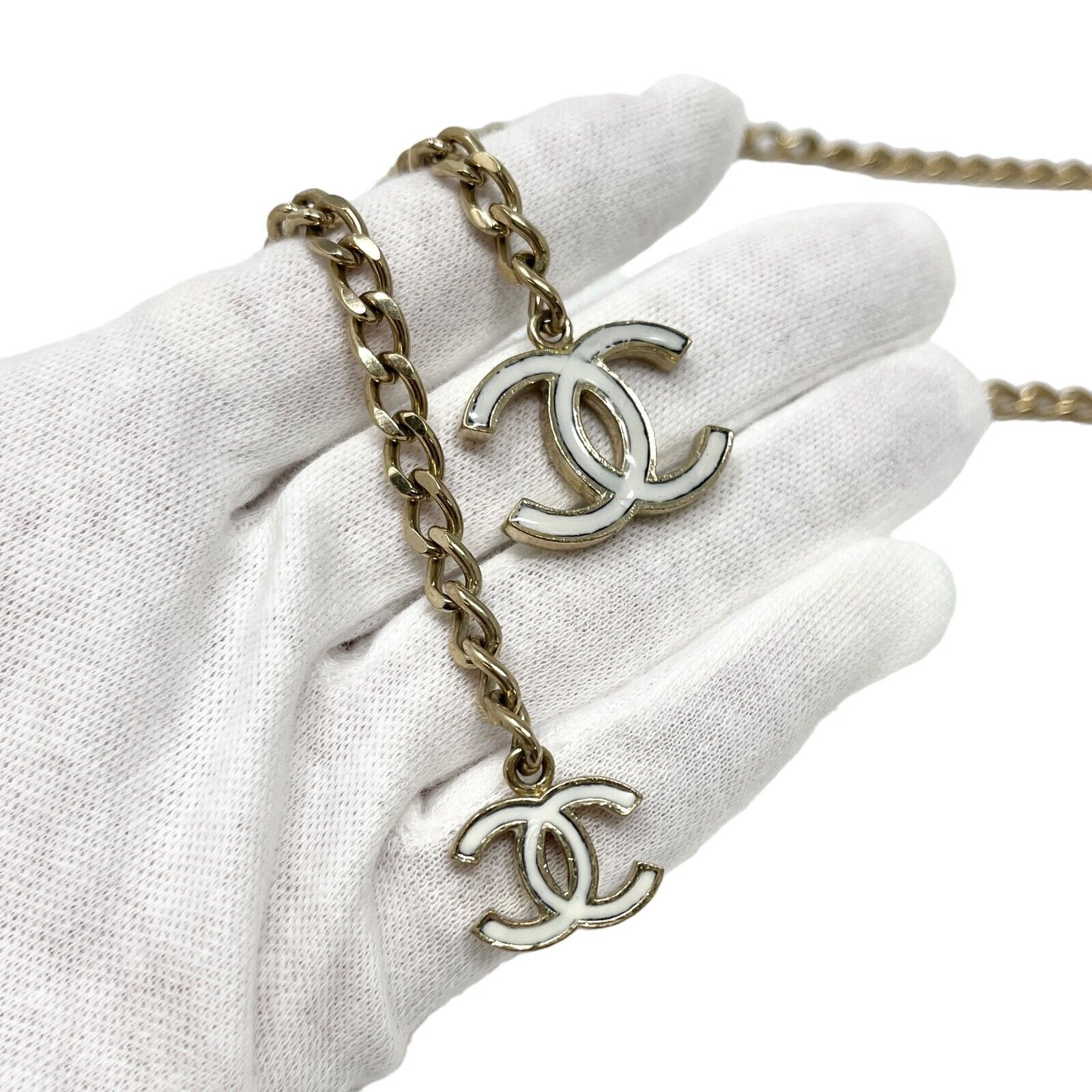 CHANEL Vintage 05V CC Logo Chain Belt Accessory Metal Gold White Charm Rank AB