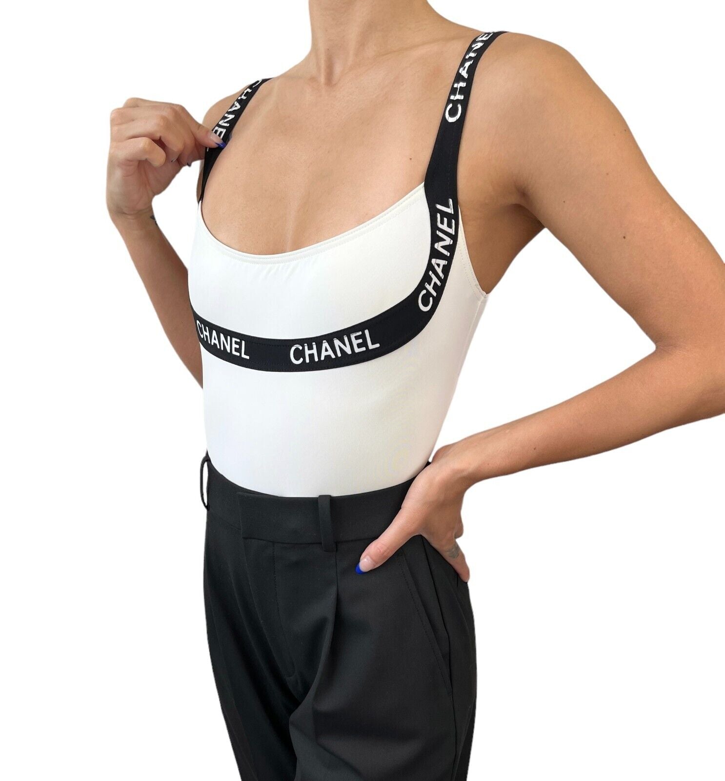 CHANEL Vintage Logo Swimsuits #38 Swimwear One-piece White Black Nylon Rank B