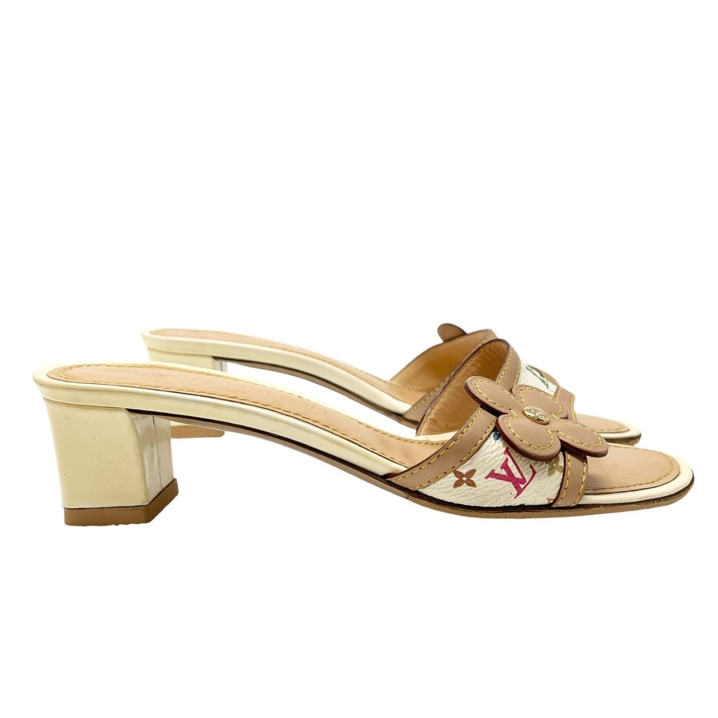 LOUIS VUITTON Vintage LV Multicolor Monogram Sandals Heels #36.5 White Beige