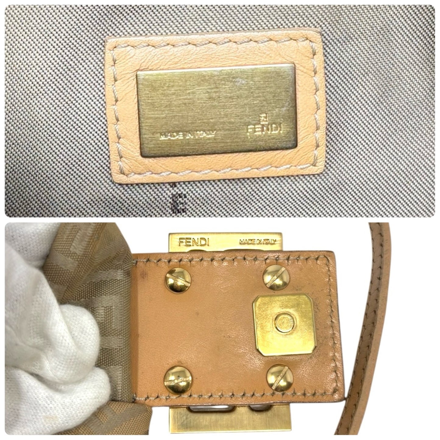 FENDI Vintage FF Logo Zucchino Mamma Baguette Shoulder Bag Beige Gold