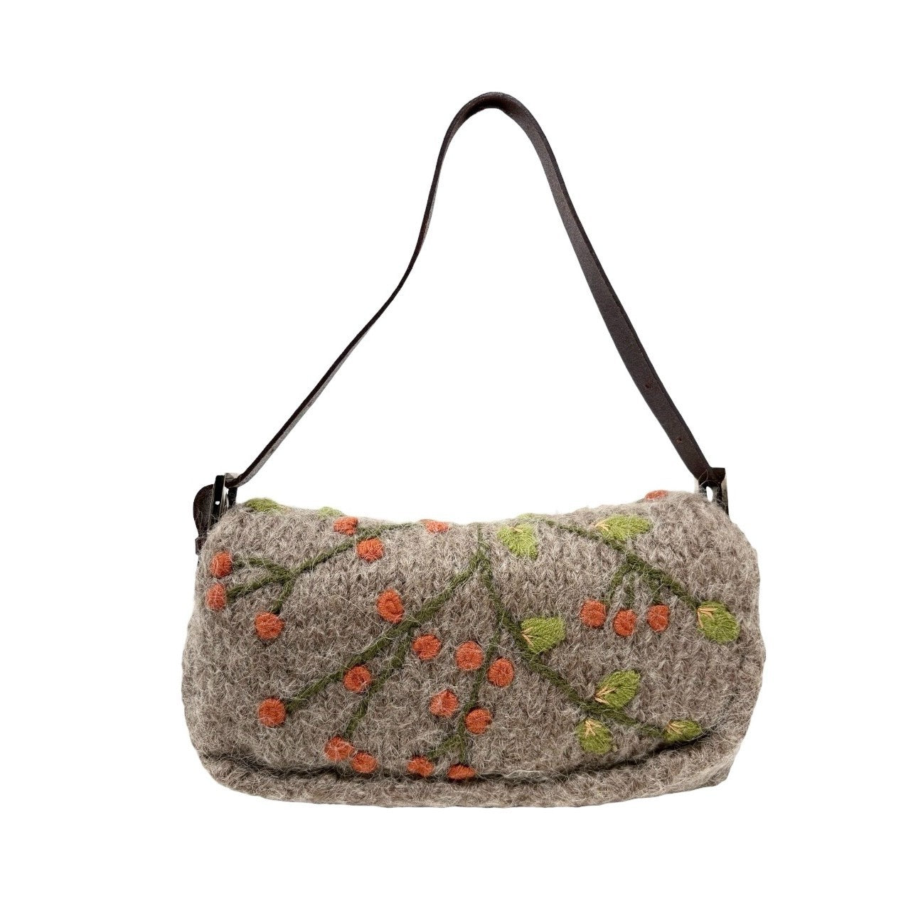 FENDI Vintage FF Mamma Baguette Wool Knit Shoulder Bag Gray Brown Flower