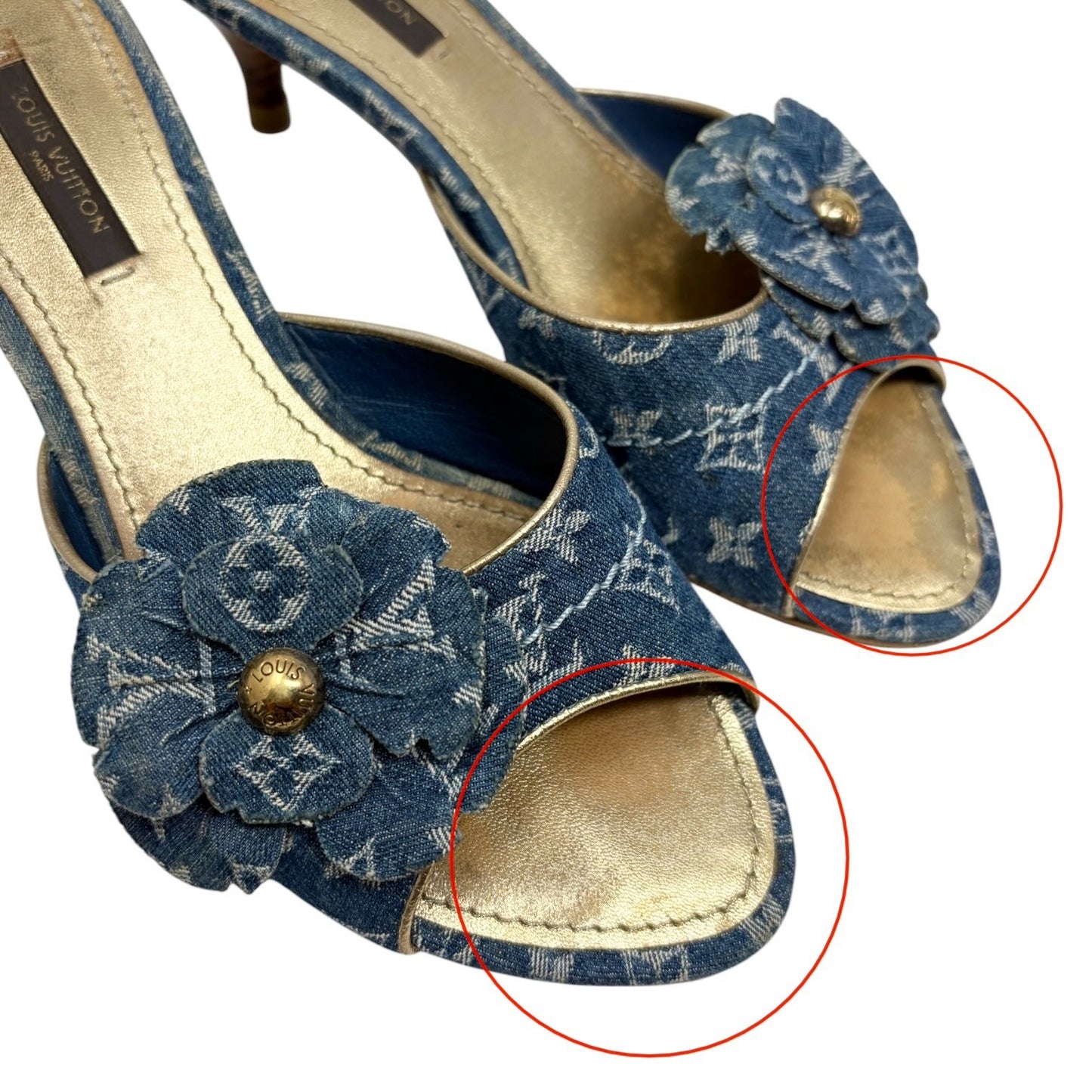 LOUIS VUITTON Vintage Monogram Denim Flower Sandals #36 Blue Gold 902407