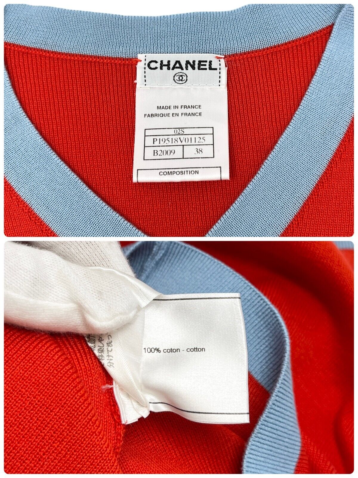 CHANEL Vintage 02S CC Logo Sweater Top #38 Red Light Blue Cotton Rank AB+