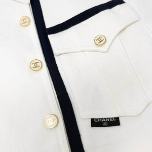 CHANEL Vintage CC Mark Logo Jacket Top Button White Dark Blue Cotton Rank AB+