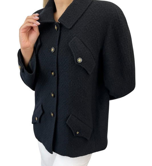 CHANEL Vintage 95A CC Mark Logo Jacket #38 Mohair Wool Black Gold Button