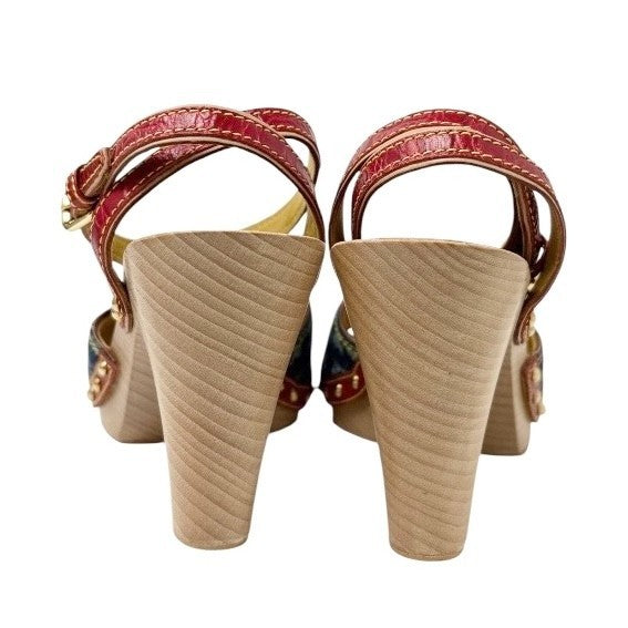 LOUIS VUITTON Vintage Logo Monogram Sandals Heels #36.5 Blue Red Leather