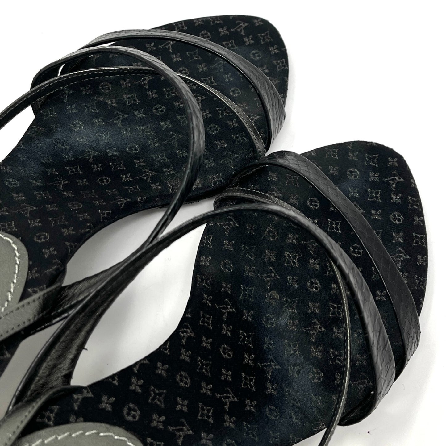 LOUIS VUITTON Monogram Logo Sandals Heels #37 US6.5 Slingback Black Satin RankAB
