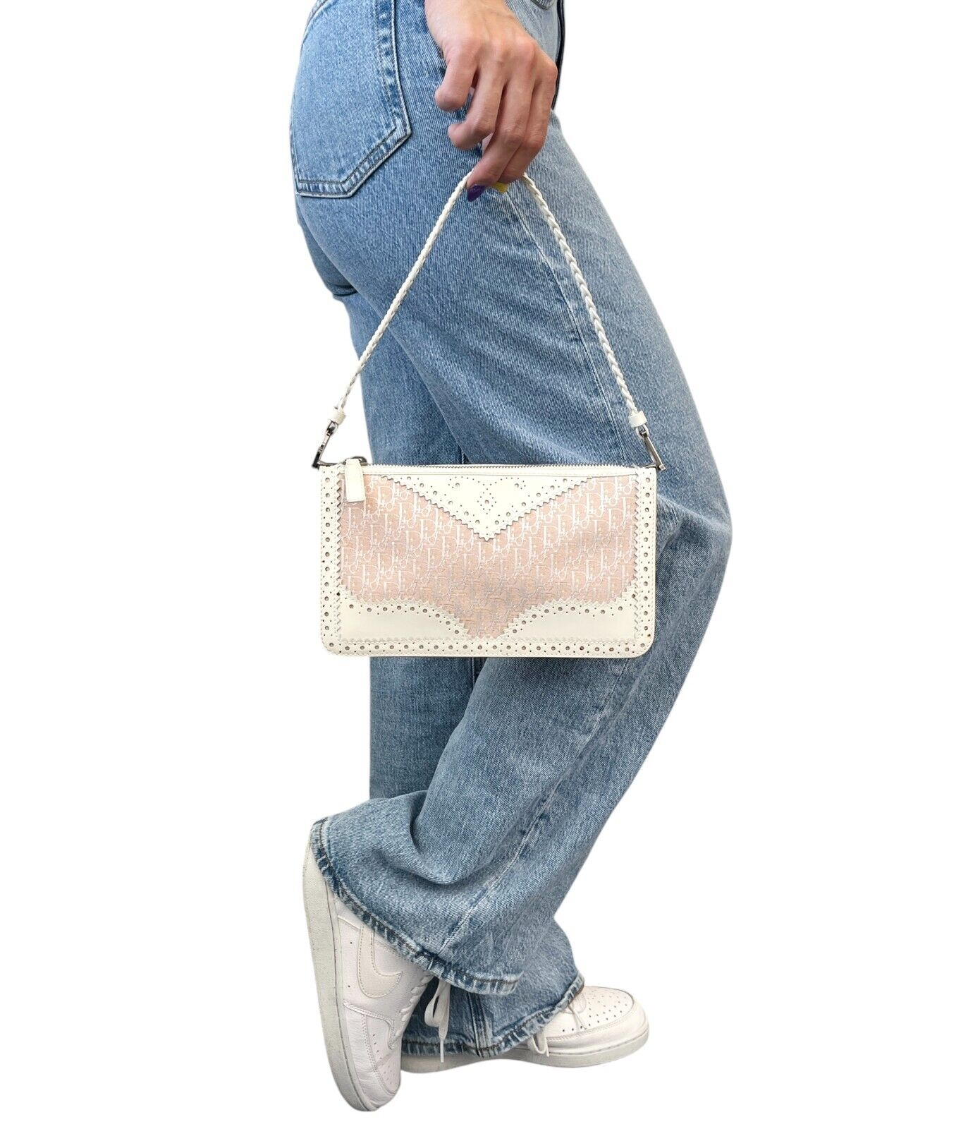 Christian Dior Vintage Trotter Monogram Logo Shoulder Bag Pink White Leather Zip