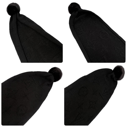 LOUIS VUITTON Vintage Monogram Escharpe Fur Scarf Shawl Black Cashmere Logo