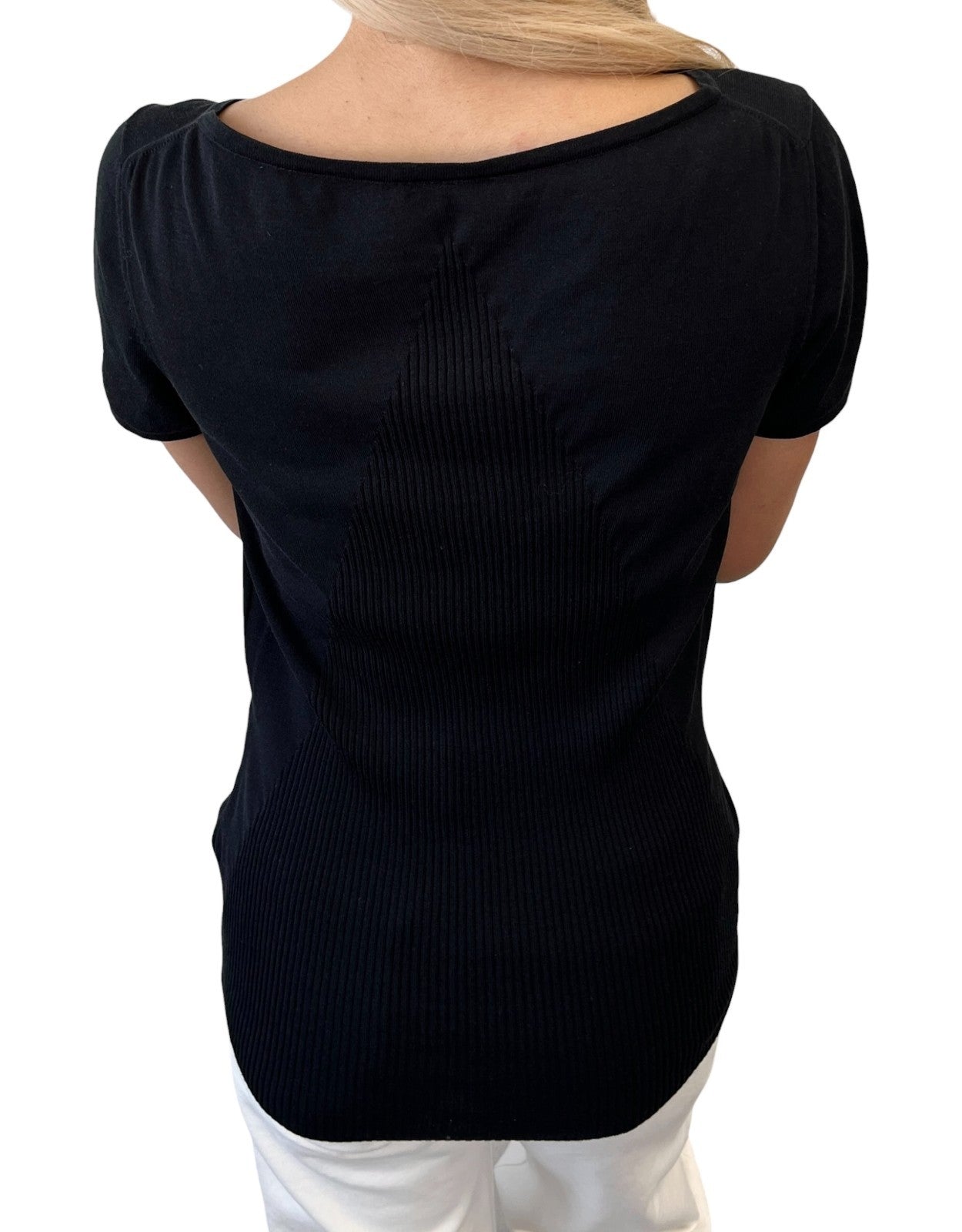 CHANEL Vintage P40798 CC Logo Camelia Knit T-shirt Top #42 Black White 901832
