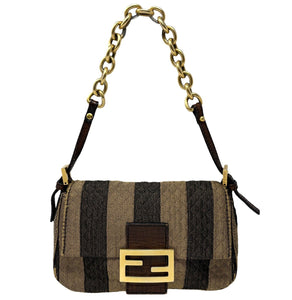 FENDI Vintage FF Logo Mini Mamma Baguette Chain Bag Beige Gold Cotton Rank AB